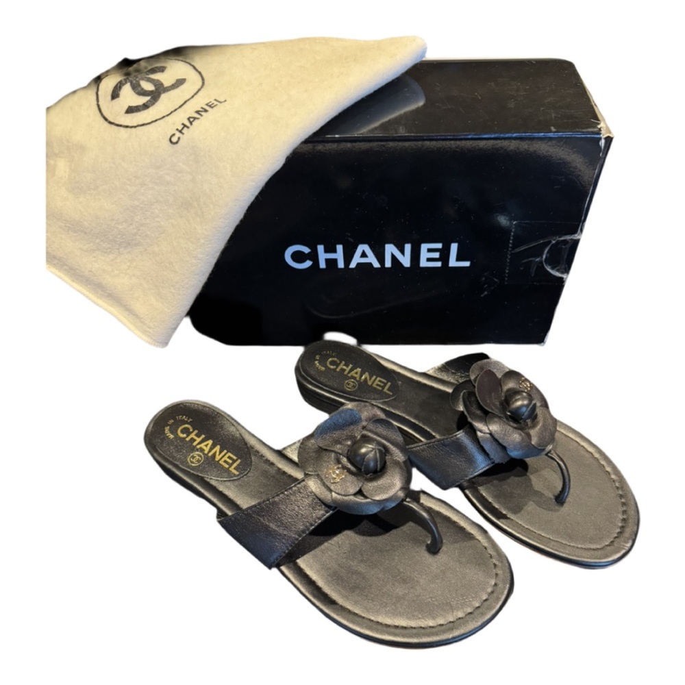 Authentic Like New Chanel Camellia Flower Sandal Women’s 37, Black - Picture 2 of 16